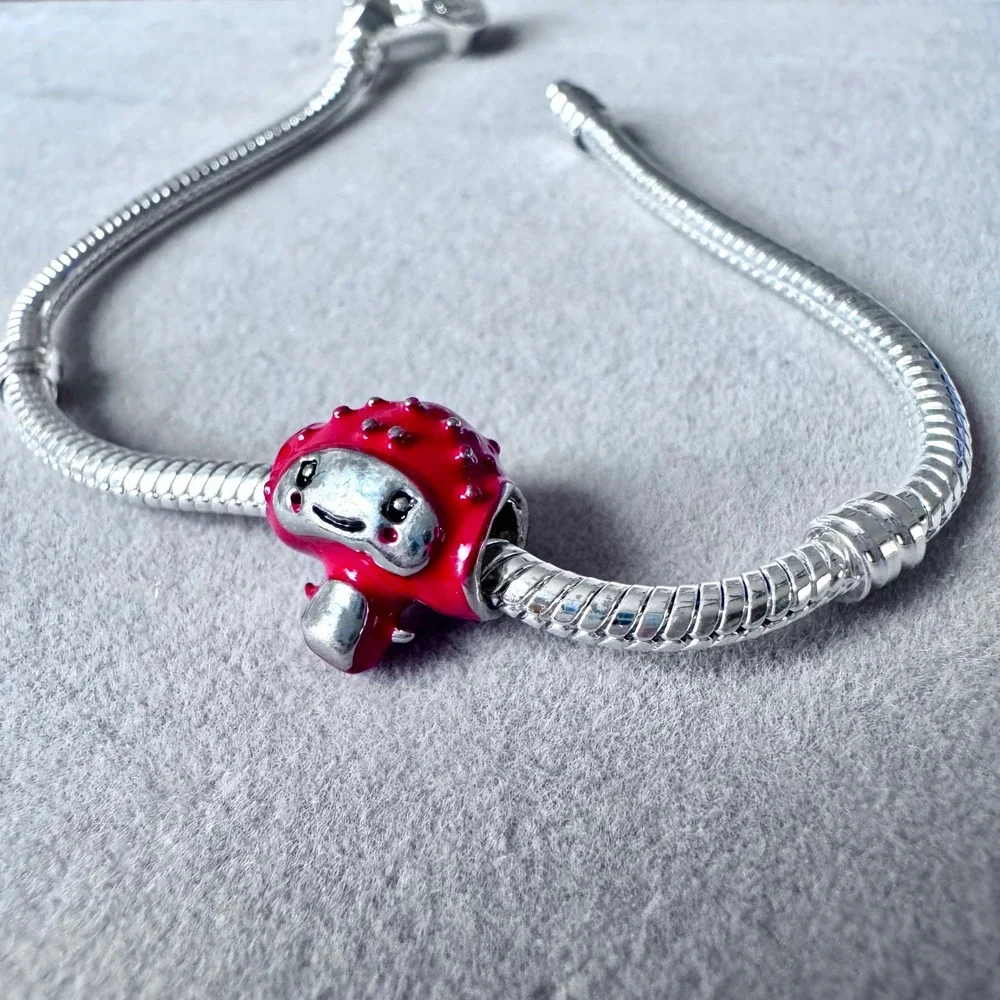 Red Mushroom Monster Charm Bracelet Bead Silver Enamel Fantasy Cute fits PANDORA